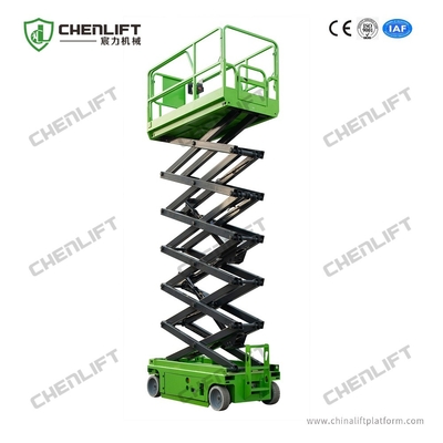 Green 10m Self Propelled Electric Scissor Lift Aerial Work Platform With Hydraulic Motor Driving